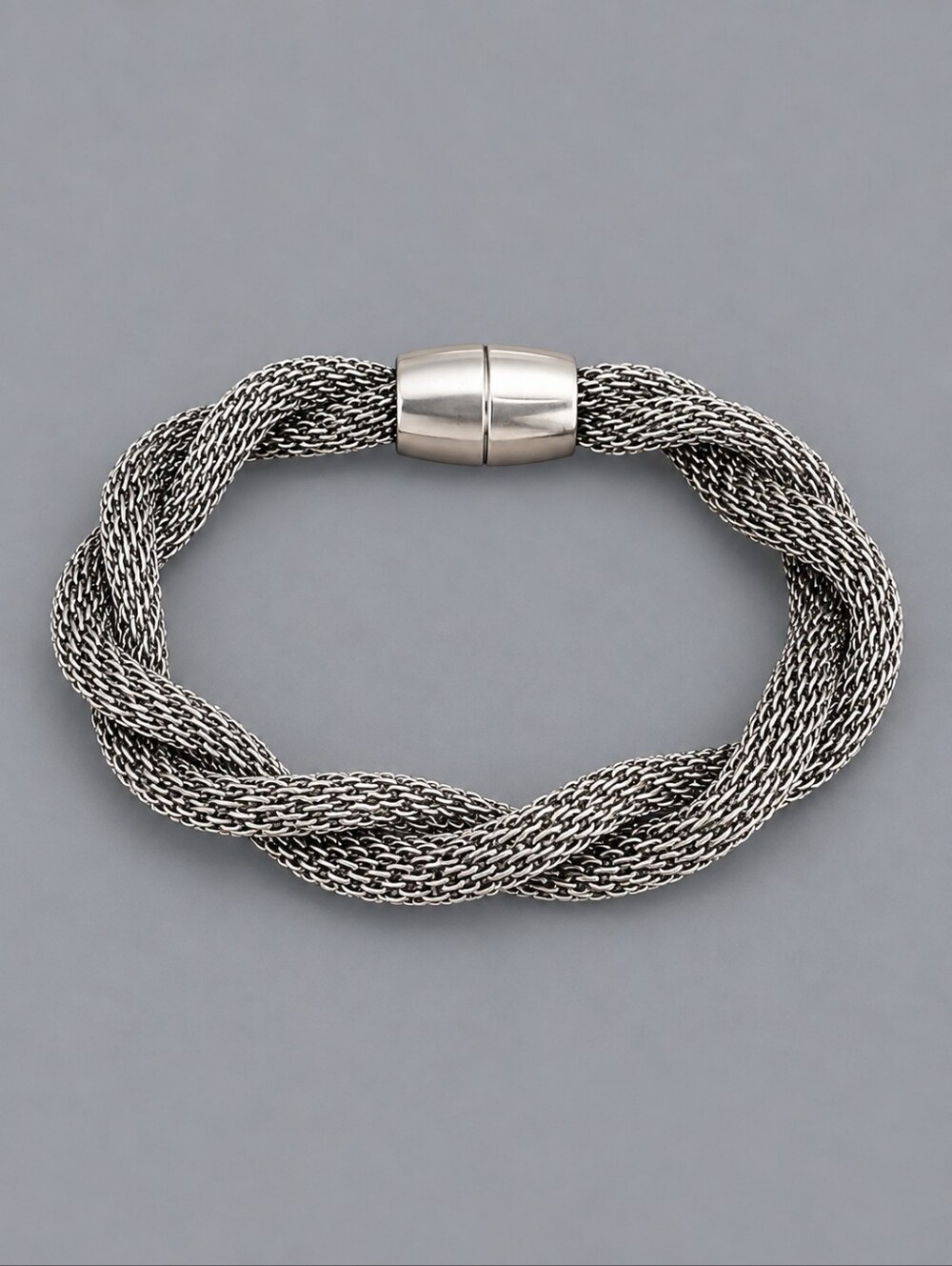 Silvertone Metal Mesh Braided Magnetic  Clasp Unisex Bracelet